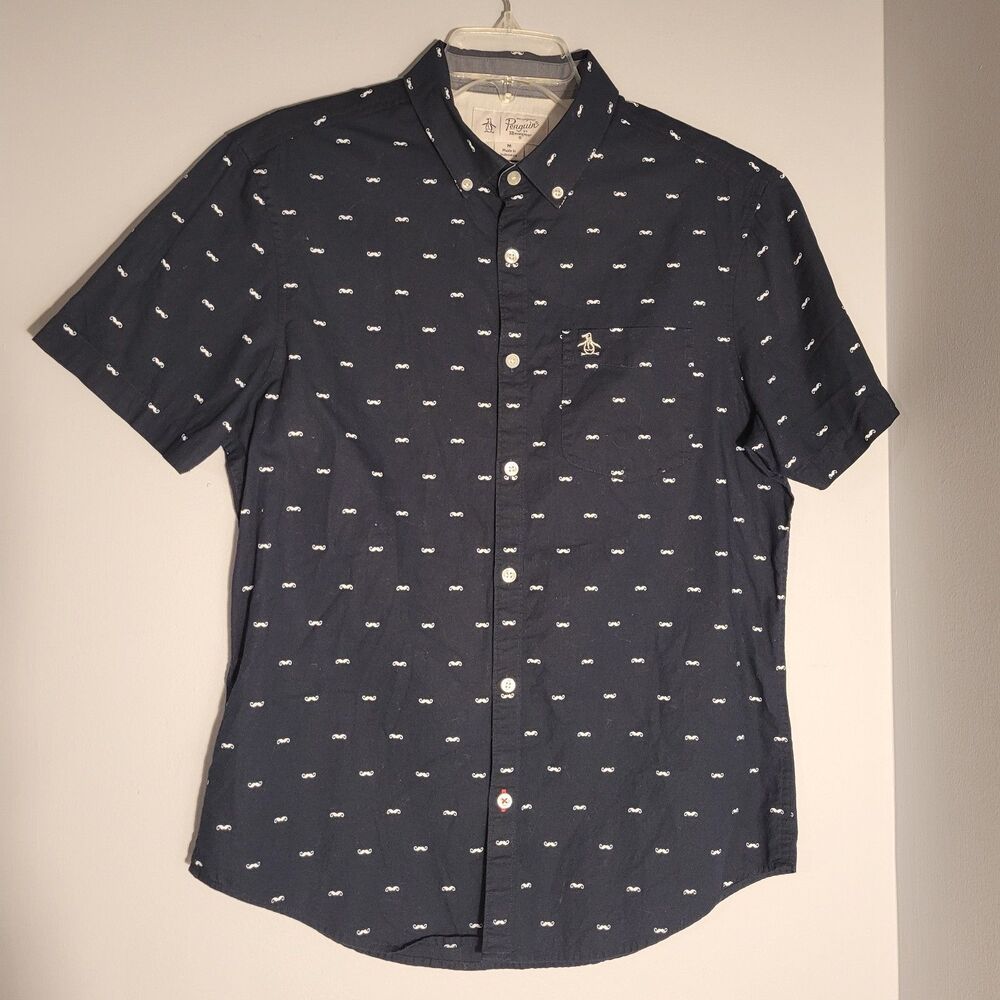Penguin Navy White "Mustache" Short Sleeve Button-Up Shirt Mens Size M
